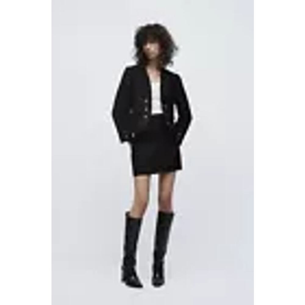 Zara Black Tweed Double Breasted Open Collarless Blazer Jacket Size XS NWT